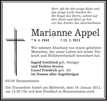 Traueranzeige von Marianne Appel von OFFENBACH-POST/HANAU-POST