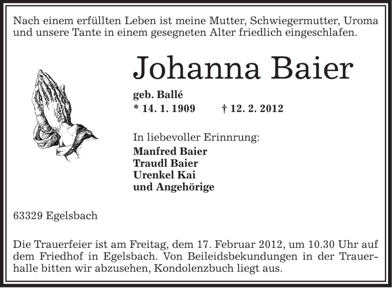  Traueranzeige für Johanna Baier vom 14.02.2012 aus OFFENBACH-POST/HANAU-POST