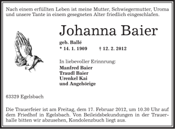 Traueranzeige von Johanna Baier von OFFENBACH-POST/HANAU-POST