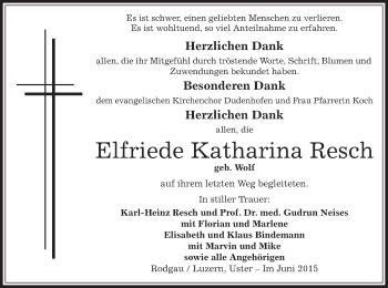 Traueranzeige von Elfriede Katharina Resch von Offenbach