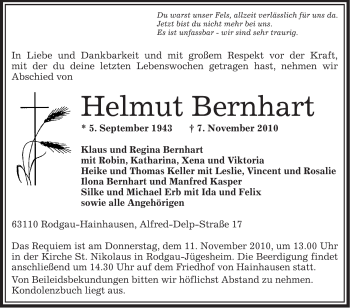 Traueranzeige von Helmut Bernhart von OFFENBACH-POST/HANAU-POST