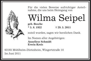 Traueranzeige von Wilma Seipel von OFFENBACH-POST/HANAU-POST