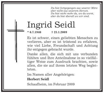 Traueranzeige von Ingrid Seidl von OFFENBACH-POST/HANAU-POST