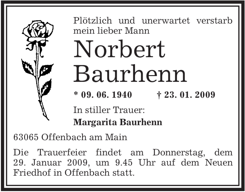  Traueranzeige für Norbert Baurhenn vom 27.01.2009 aus OFFENBACH-POST/HANAU-POST