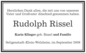 Traueranzeige von Rudolph Rissel von OFFENBACH-POST/HANAU-POST