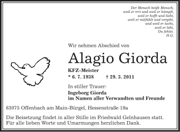 Traueranzeige von Alagio Giorda von OFFENBACH-POST/HANAU-POST