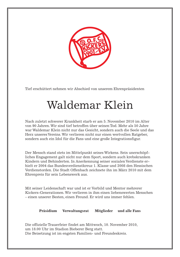  Traueranzeige für Waldemar Klein vom 09.11.2010 aus OFFENBACH-POST/HANAU-POST
