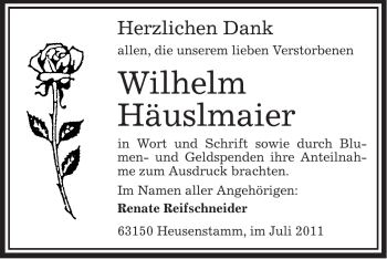 Traueranzeige von Wilhelm Häuslmaier von OFFENBACH-POST/HANAU-POST