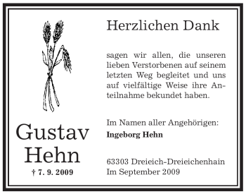 Traueranzeige von Gustav Hehn von OFFENBACH-POST/HANAU-POST