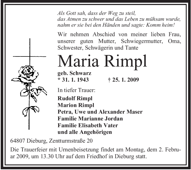  Traueranzeige für Maria Rimpl vom 31.01.2009 aus OFFENBACH-POST/HANAU-POST