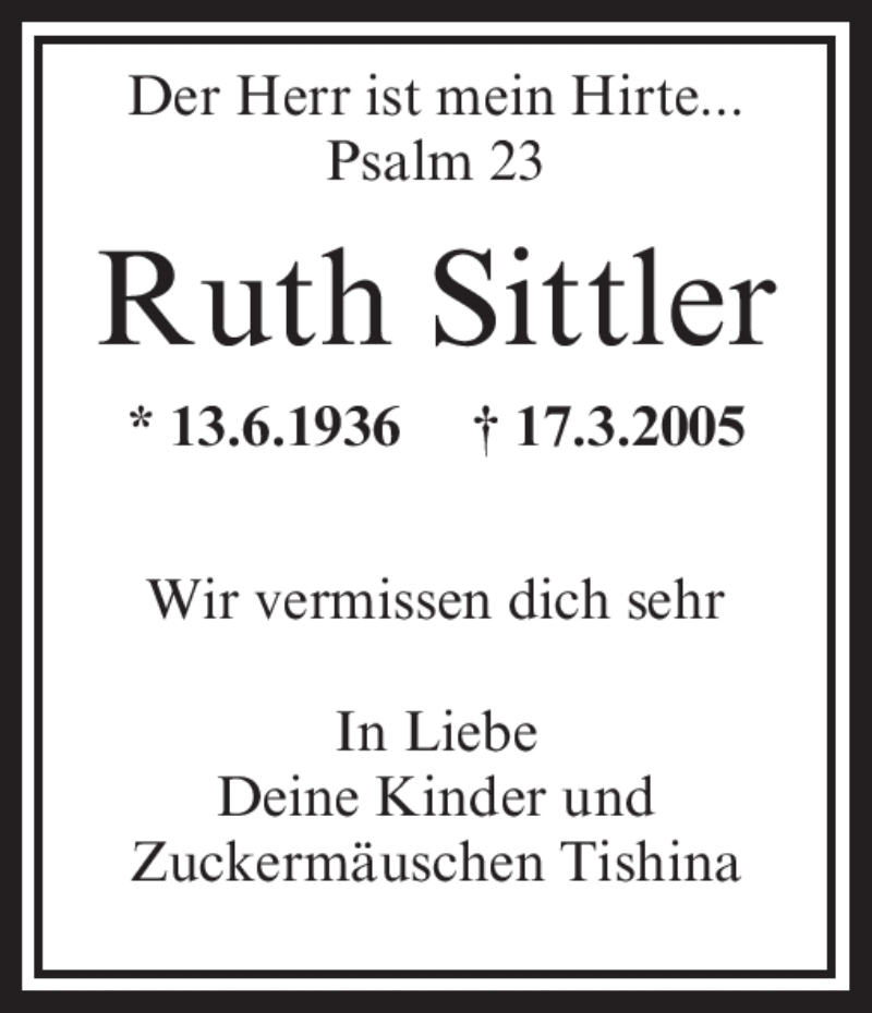  Traueranzeige für Ruth Sittler vom 18.03.2009 aus OFFENBACH-POST/HANAU-POST