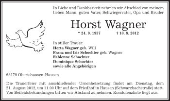 Traueranzeige von Horst Wagner von OFFENBACH-POST/HANAU-POST