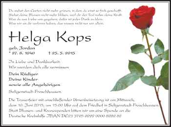 Traueranzeige von Helga Kops von Offenbach