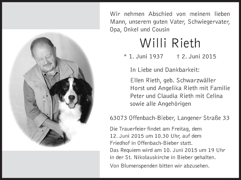  Traueranzeige für Willi Rieth vom 06.06.2015 aus Offenbach