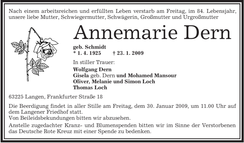  Traueranzeige für Annemarie Dern vom 27.01.2009 aus OFFENBACH-POST/HANAU-POST