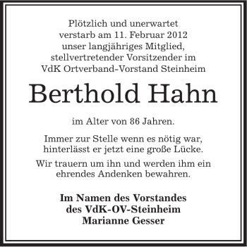 Traueranzeige von Berthold Hahn von OFFENBACH-POST/HANAU-POST