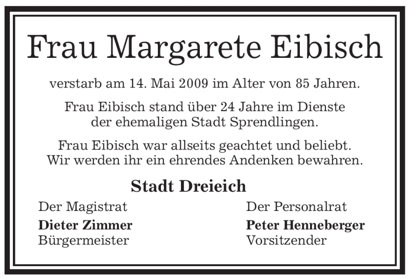  Traueranzeige für Margarete Eibisch vom 04.06.2009 aus OFFENBACH-POST/HANAU-POST