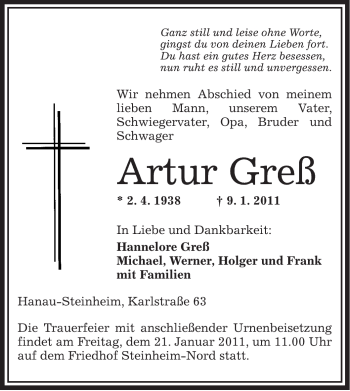 Traueranzeige von Artur Greß von OFFENBACH-POST/HANAU-POST