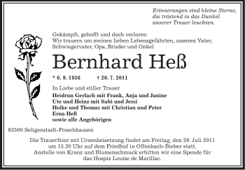 Traueranzeige von Bernhard Heß von OFFENBACH-POST/HANAU-POST