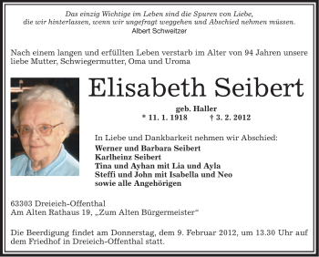 Traueranzeige von Elisabeth Seibert von OFFENBACH-POST/HANAU-POST