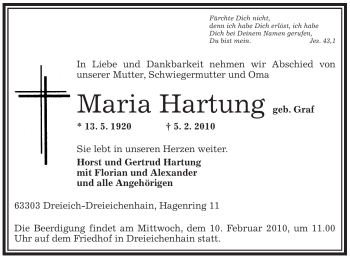 Traueranzeige von Maria Hartung von OFFENBACH-POST/HANAU-POST