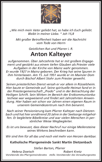 Traueranzeige von Anton Kalteyer von Offenbach