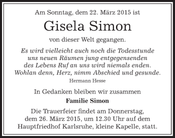 Traueranzeige von Gisela Simon von Offenbach