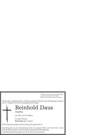 Traueranzeige von Reinhold Daus von OFFENBACH-POST/HANAU-POST