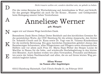 Traueranzeige von Anneliese Werner von OFFENBACH-POST/HANAU-POST