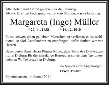 Traueranzeige von Margareta Müller von OFFENBACH-POST/HANAU-POST