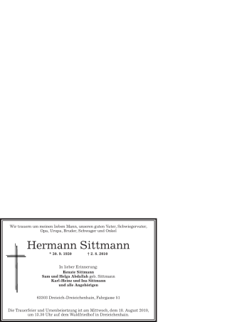 Traueranzeige von Hermann Sittmann von OFFENBACH-POST/HANAU-POST