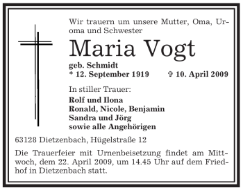 Traueranzeige von Maria Vogt von OFFENBACH-POST/HANAU-POST