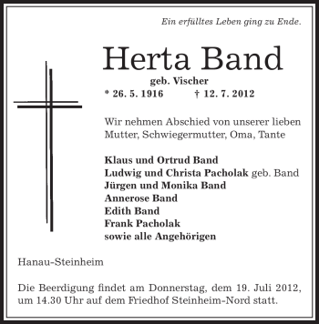 Traueranzeige von Herta Band von OFFENBACH-POST/HANAU-POST