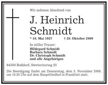 Traueranzeige von J. Heinrich Schmidt von OFFENBACH-POST/HANAU-POST