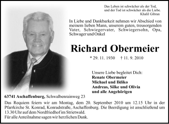 Traueranzeige von Richard Obermeier von OFFENBACH-POST/HANAU-POST