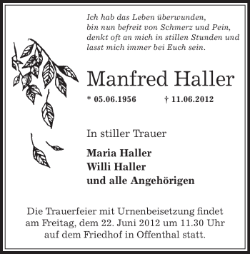 Traueranzeige von Haller Manfred von OFFENBACH-POST/HANAU-POST