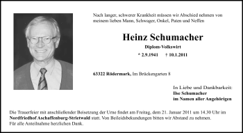 Traueranzeige von Heinz Schumacher von OFFENBACH-POST/HANAU-POST