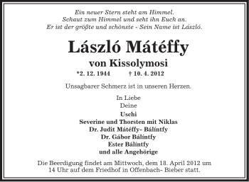 Traueranzeige von Laszlo Mateffy von OFFENBACH-POST/HANAU-POST