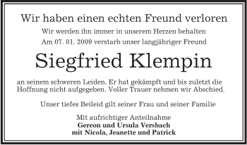 Traueranzeige von Siegfried Klempin von OFFENBACH-POST/HANAU-POST