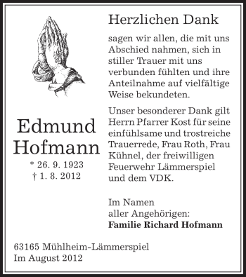 Traueranzeige von Edmund Hofmann von Offenbach