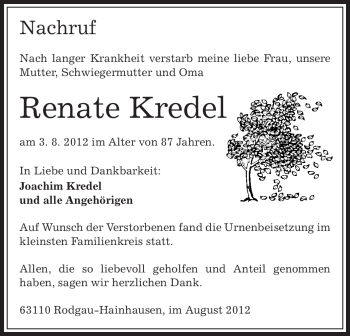 Traueranzeige von Renate Kredel von Offenbach