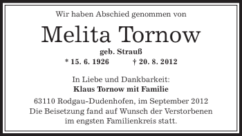 Traueranzeige von Melita Tornow von Offenbach