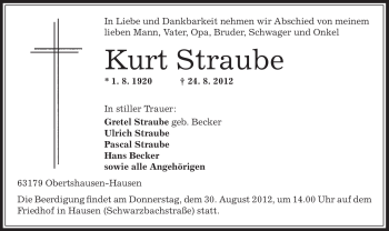 Traueranzeige von Kurt Straube von Offenbach