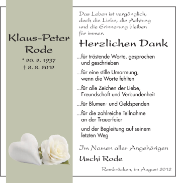 Traueranzeige von Klaus Peter Rode von Offenbach