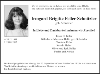 Traueranzeige von Irmgard Brigitte Feller-Schnitzler von Offenbach