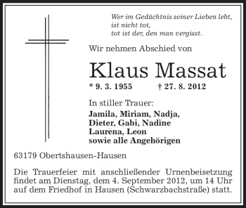 Traueranzeige von Klaus Massat von Offenbach