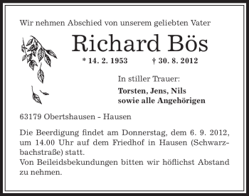 Traueranzeige von Richard Bös von Offenbach