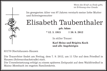 Traueranzeige von Elisabeth Taubenthaler von Offenbach