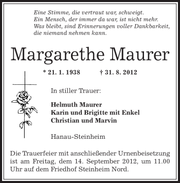 Traueranzeige von Margarethe Maurer von Offenbach