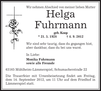 Traueranzeige von Helga Fuhrmann von Offenbach